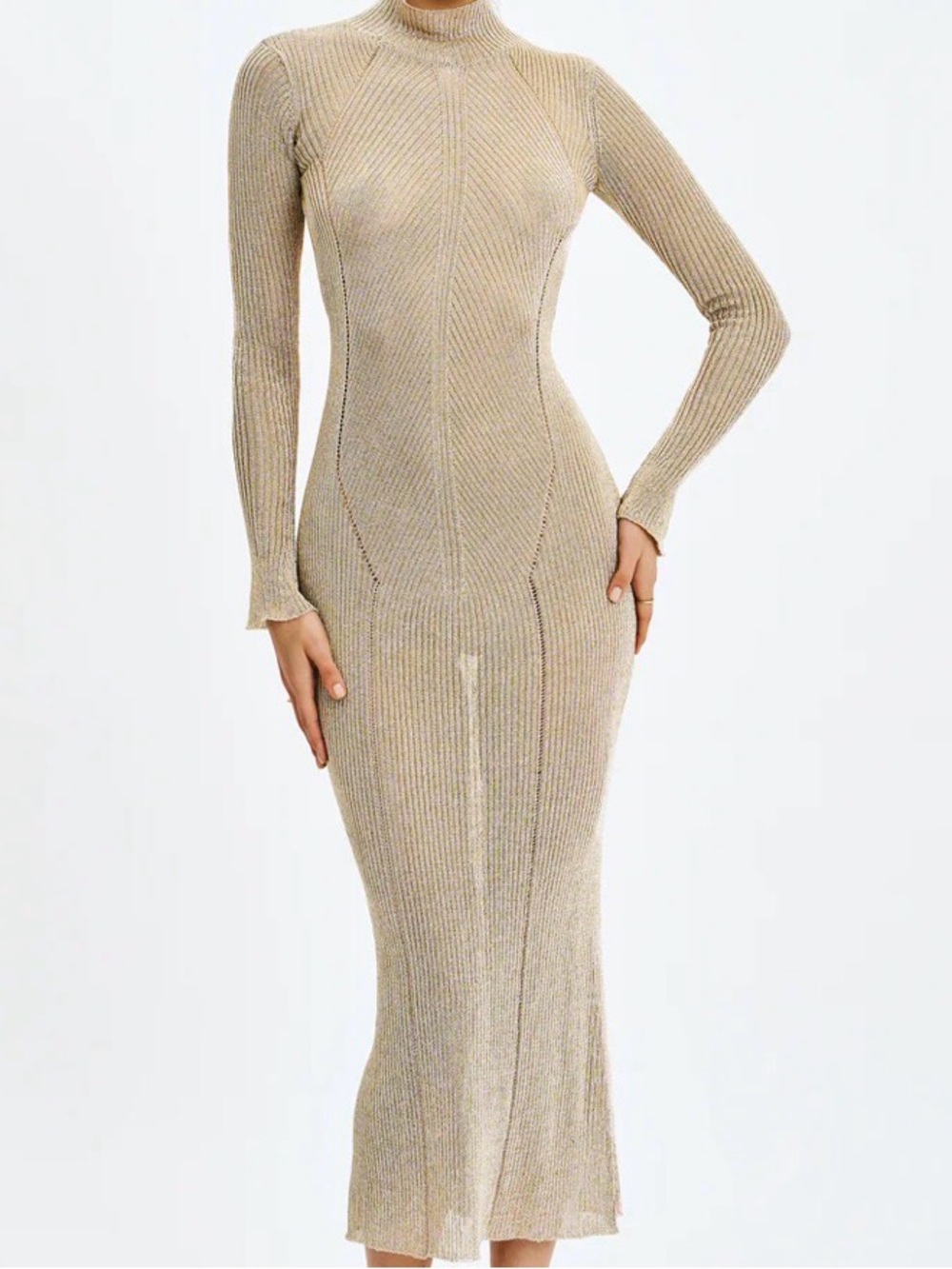 Long Sleeve Ribbed Knit Maxi Dress in Sand Beige #62